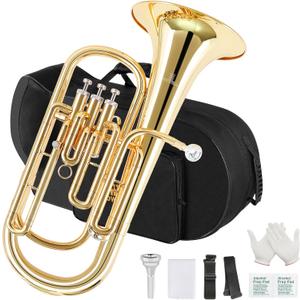 ROWELL Baritone Horn Bb Brass 3 Valves Lacquer Gold with Mouthpiece, Case and Gloves