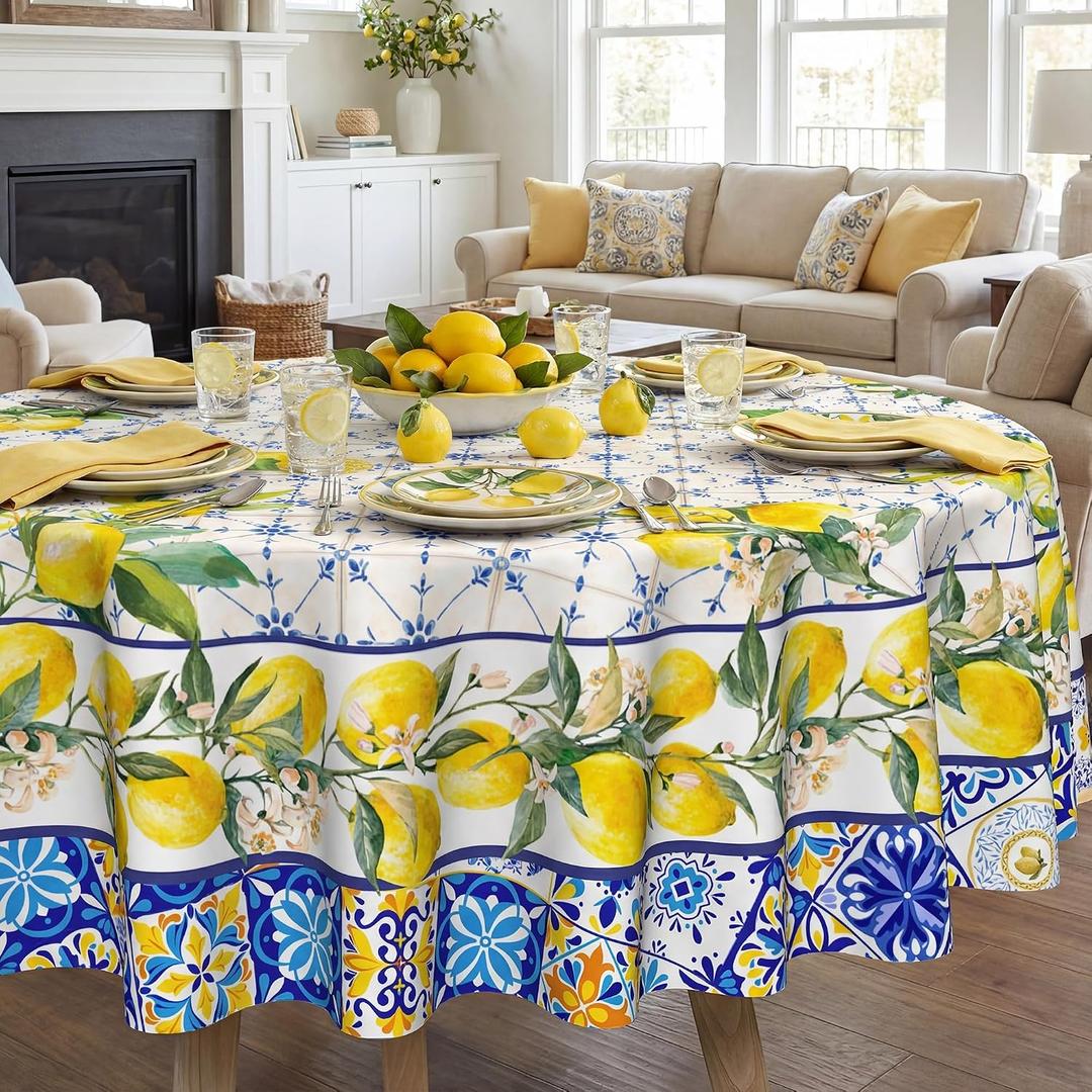 Lemon Tablecloth 70 Inch Round, Bule Diamond Check Farmhouse Decorations for Home Table Cloth, Spring Summer Seasonal Decor Tablecloths Polyester for Picnic Party Supplies