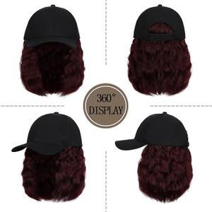 Qlenkay Baseball Cap with Hair Extensions 14inch Wavy Curly Bob Hairstyle Adjustable Wig Hat Attached Synthetic Hairpiece for Woman Grape Red