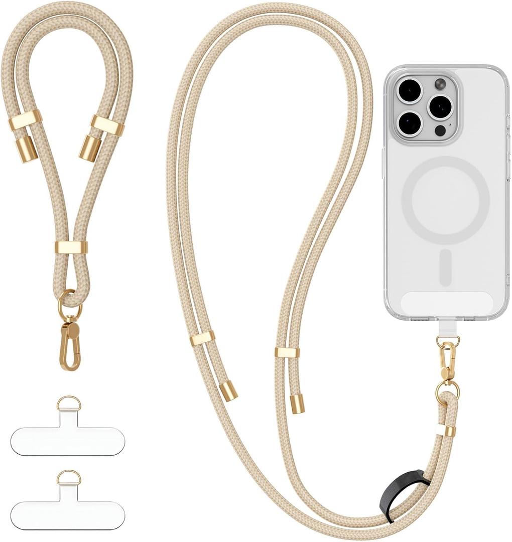 4-IN-1 Phone Lanyard + Wrist Strap Kit with 2 Pack Tabs, Universal Adjustable Phone Strap Crossbody, Anti-Theft Neck Lanyard for iPhone 17 Pro Max and Most Smartphones, Beige