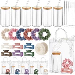 SiliFine 25 Pcs/6 Set Birthday Gifts for Girls, Multicolor Birthday Gifts Party Supplies 6 Glass Cups 6 Hair Bands 6 Hair Clip 6 Tote Bags 1 Ribbon for Women Spa Sleepover Slumber Party Favor