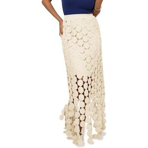 Cicy Bell Womens Hollow Out Maxi Skirts Summer High Waisted Boho Fringe Hem Long Skirt (Beige, S)