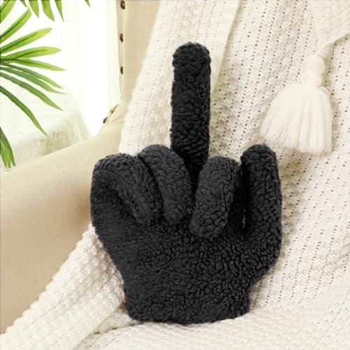 Menkxi Small Middle Finger Decorative Pillow 13.78 x 9.84 in Funny Shaped Sherpa Fleece Throw Pillow Warm Soft Plush Emoticon Cushion Middle Finger Decor for Couch Gag Gift(Black)