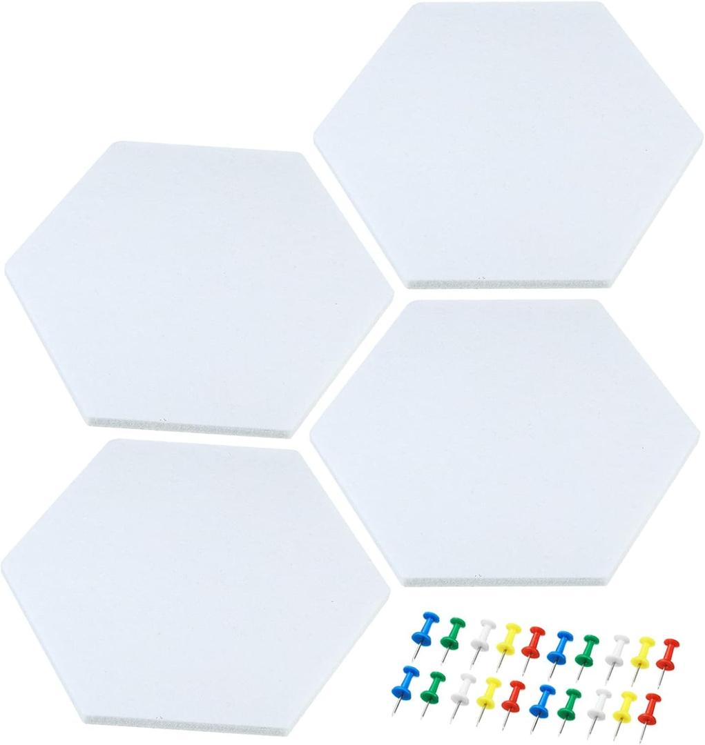 PATIKIL Hexagon Felt Board Tiles, 4 Pack Self Adhesive Wall Bulletin Pin Board with Push Pins for Photos Memos Home Office Classroom Decor, White