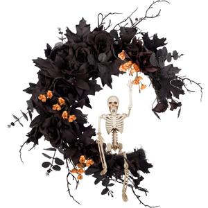 20" Pre-lit Halloween Black Moon Wreath with Poseable Skeleton, Handmade Halloween Wreath Decor for Home Front Door Porch Wall Hanging
