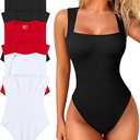 OQQ Women's 3 Piece Bodysuits Sexy Ribbed Strappy Square Neck Sleeveless Tummy Control Tank Tops Bodysuits (Black,Red,White, Large)