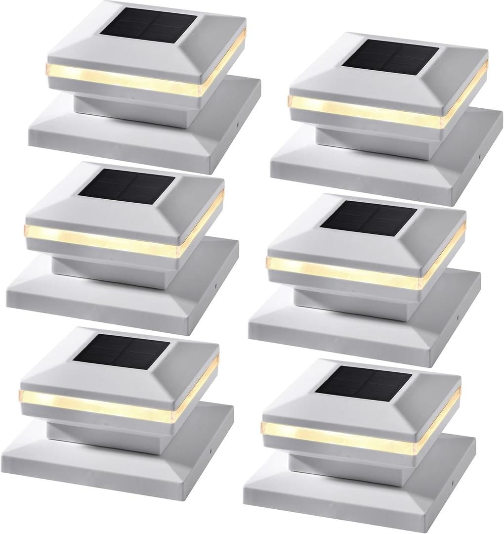 MAGGIFT 6 Pack Post Lights, Outdoor Cap for Fence Deck Patio, Solar Powered, Warm White High Brightness SMD LED Decorative Lighting, Lamp Fits 4x4, 5x5 or 6x6 Wooden, White