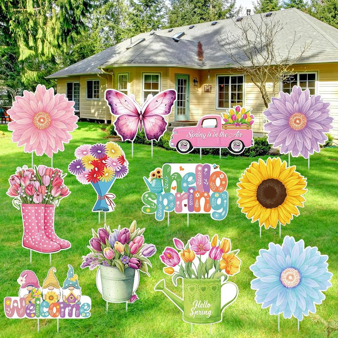 Amyhill 12 Pack Hello Spring Yard Decoration Outdoor Flower Garden Lawn Stake Signs with Stakes Waterproof Spring Garden Decor for Holiday Party Patio Lawn Walkway Outside (Retro Style)