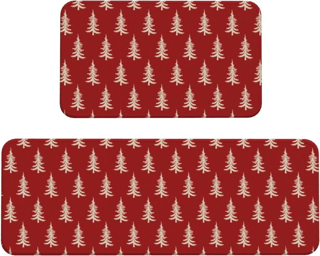 Aytipun Red Christmas Kitchen Mats Set of 2 Cream Xmas Tree Print Winter Holiday Kitchen Rugs for Floor Home Decor Low-Profile Mats,17x29 and 17x47 Inch