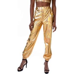 SIAEAMRG Womens Shiny Metallic High Waist Stretchy Jogger Pants, Wet Look Hip Hop Club Wear Holographic Trousers Sweatpant