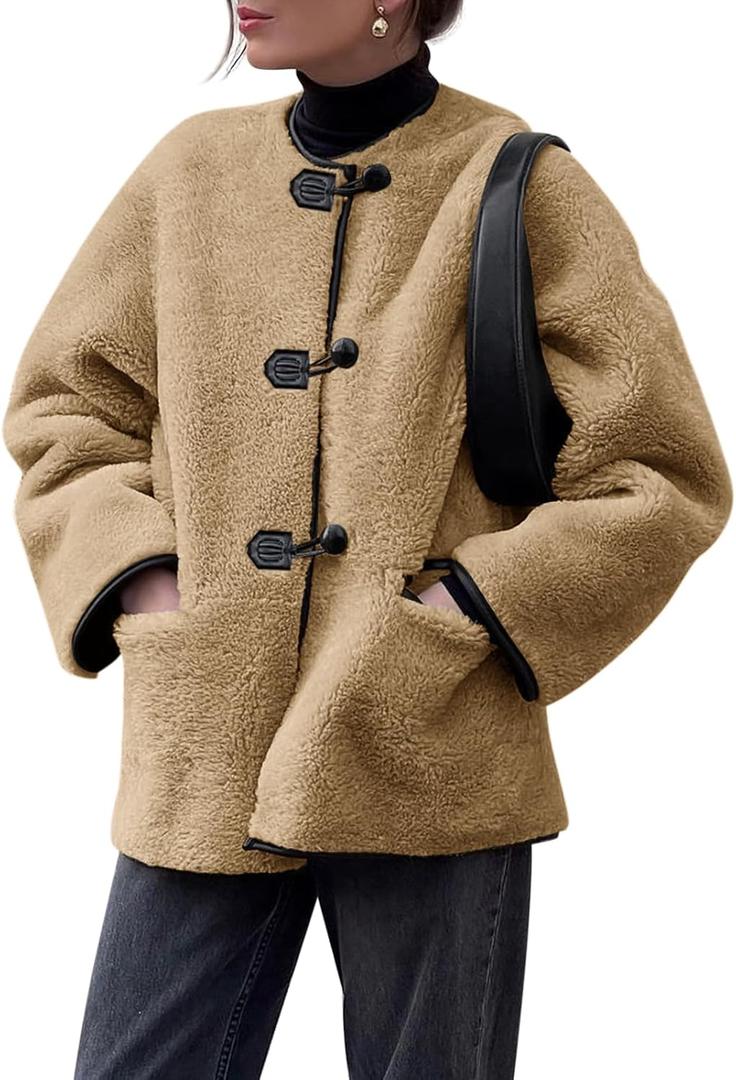 Cicy Bell Womens Faux Fur Jacket Fuzzy Coat Long Sleeve Button Front Warm Winter Outerwear with Pockets (L)