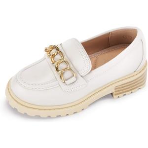 Coutgo Girl's Platform Penny Loafers School Uniform Flats Slip on Round Toe Metal Chain Dress Shoes (2 Little Kid, Beige)