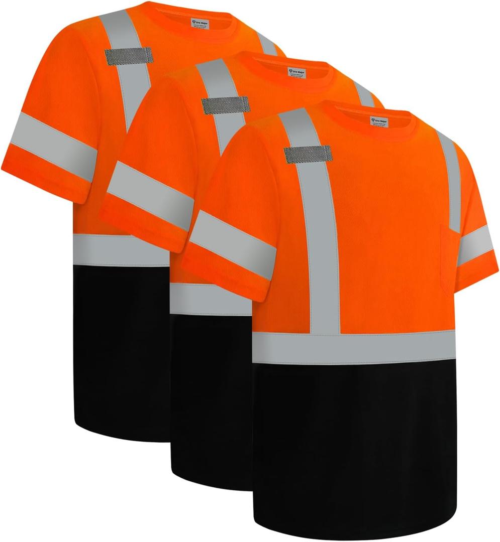 Uno Mejor Hi Vis Shirts for Men Class 3 High Visibility Shirts with Short Sleeves, Reflective Safety Shirts for Men Women, Durable Work Shirts with Black Bottom, Breathable, Orange XXL, 3PCS