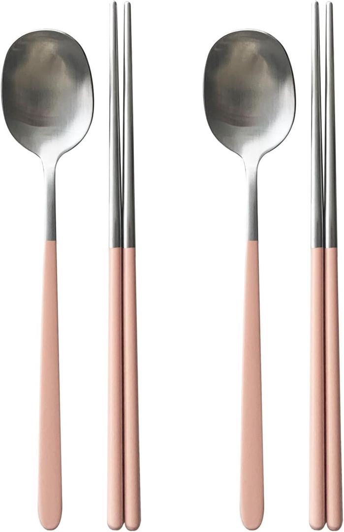 304 Stainless Steel durable Lightweight Korean-style Beautiful Cutlery Spoon and Chopsticks Set Scratch Resistant 2Pieces (Peach Pink+Peach Pink)