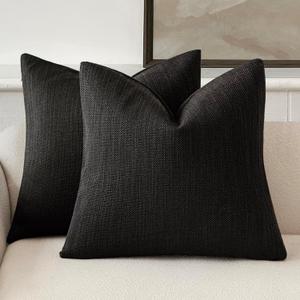 Foindtower Set of 2 Decorative Textured Burlap Linen Throw Pillow Covers Farmhouse Boho Cushion Cover Solid Accent Pillowcase for Couch Sofa Bed Living Room Home Decor, 24×24 Inch, Black