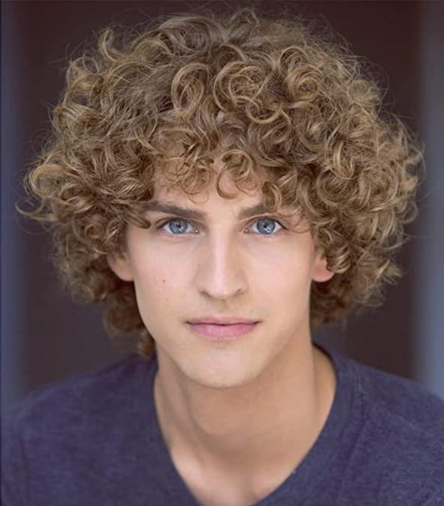 Mens Light Brown Curly Wig Short Fluffy Brown Rocker Wigs Synthetic Halloween Cosplay Costume Hair Wigs For Male Guys (Light Brwon)