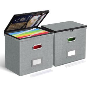 Oterri 2 Pack File Organizer Boxes with Lids, File Box with Mesh Pockets, Document Organizer Box for File Folders Letter Size, Zippers Filing Box for Home, Office, School (Grey, Without Folders)