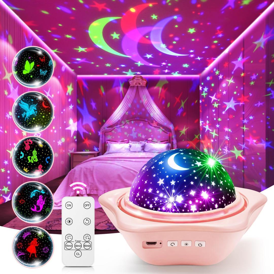PIKOY Night Light for Kids, 90 Modes+6 Films+Dimmer+Timer+Remote Kids Night Light Projector, Rechargeable Built-in Battery+360 Silent Rotation Butterfly/Princess/Mermaid Room Decor,Girl Toys/Gifts (Pink)