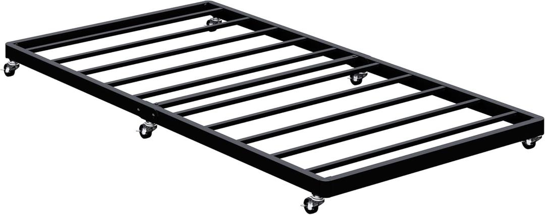 Twin Trundle Bed Frame with Metal Slats, Roll-Out Design, Easy Assembly Steel Frame with Lockable Wheels, Noiseless Pull Out Bed for Bedroom, Living Room or Guest Room, Black