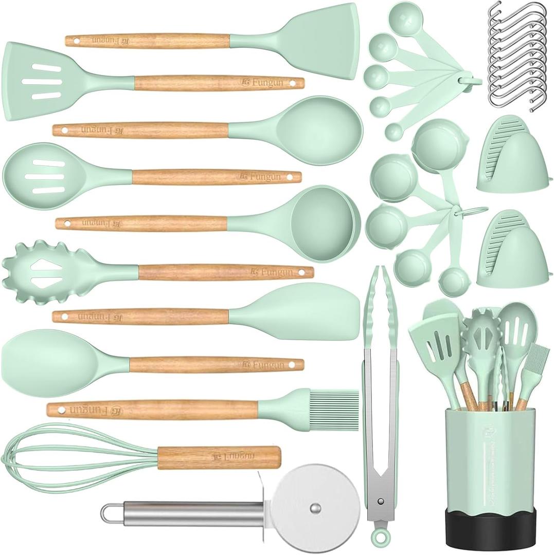 Silicone Cooking Kitchen Utensil Set, Fungun 35 pcs Kitchen Utensils Tools Wooden Handle Spoons Spatulas Set Cookware Turner Tongs Whisk Kitchen Gadgets with Holder (Turqoise)