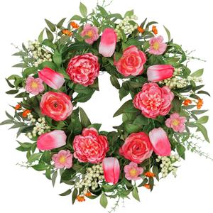 Vlorart 24 Inch Spring Summer Wreath Peony Wreath for Front Door with Pink Tulip, Eucalyptus Leaves, White Berries for Indoor Outdoor Wall Festival Home Farmhouse Wedding Decor