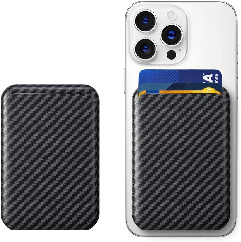 Leather Magnetic Phone Wallet - Mag Wallet RFID, 3 Card Holder For iPhone 12/13/14/15/16 Series, Carbon Fiber Black