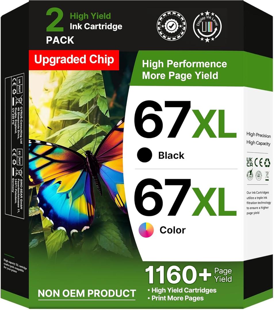 67XL Ink Cartridges Black/Color Combo Pack Replacement for HP Ink 67 67XL Printer Ink Works for HP DeskJet 4227e 2827e 2755e 2855e 2842e 2800 4155e 2755 2852e Envy 6055e 6000 6455e (1 Black, 1 Pink)