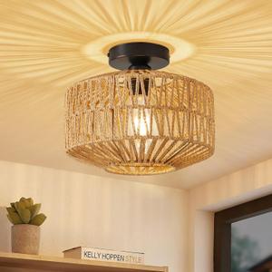 Rattan Chandelier Light Fixture Ceiling Mount, Boho Light Fixtures, Hand Woven Rustic, Ceiling Light Fixtures Flush Mount, Hallway Bedroom Farmhouse Kitchen Entryway Hall