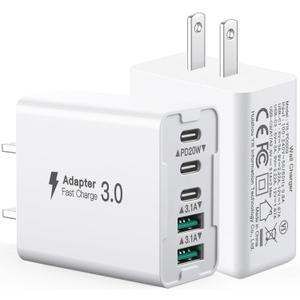 2-Pack 50W 5-Port USB C Charger Block - Fast Charging 3 USB C + 2 QC Wall Plugs for iPhone 12/13/14/15/16, Samsung S24/S23