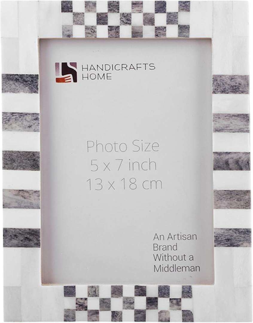 Handicrafts Home 5x7 Grey & White Picture Frame, Handmade Bone Inlay Checkered Photo Frame for Wall & Tabletop Display, Vintage, Boho & Modern Farmhouse Home Decor, Decorative Frame for Living Room, Bedroom, Desk & Gallery Wall - checkered Grey