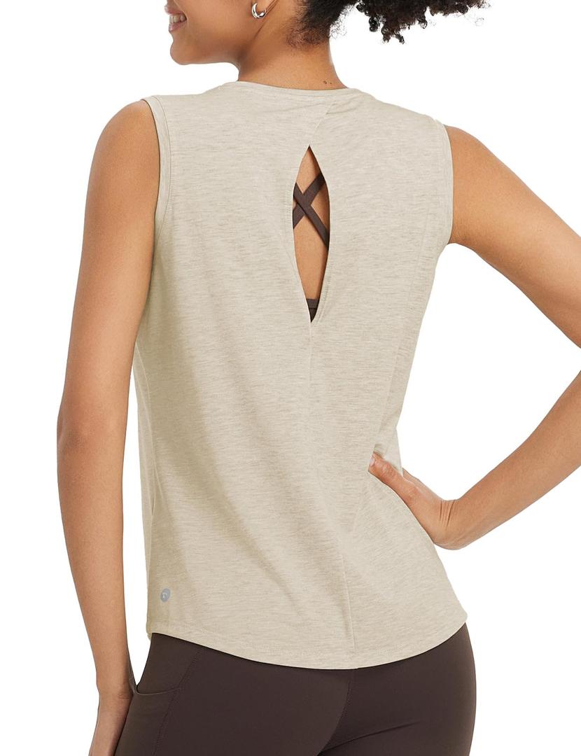 baleaf Women's Open Back Yoga Top Sleeveless Shirt UPF50+ Heather Khaki 3XL (XXXL)