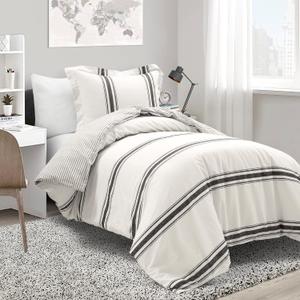 Lush Decor Farmhouse Stripe Reversible Cotton Duvet Cover Set, 2 Piece Set, Twin XL, Black - Twin Bedding Set - Dorm Decor - Striped Duvet Cover For Kids Or Teens - Farmhouse Bedroom Decor