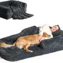 EHEYCIGA Foldable Human Dog Bed, 72"x44"x11" Orthopedic Memory Foam Human Sized Dog Bed, Waterproof Pet Bed for People, Faux Fur Pet Couch for Adult with Non-Slip Bottom, Dark Grey