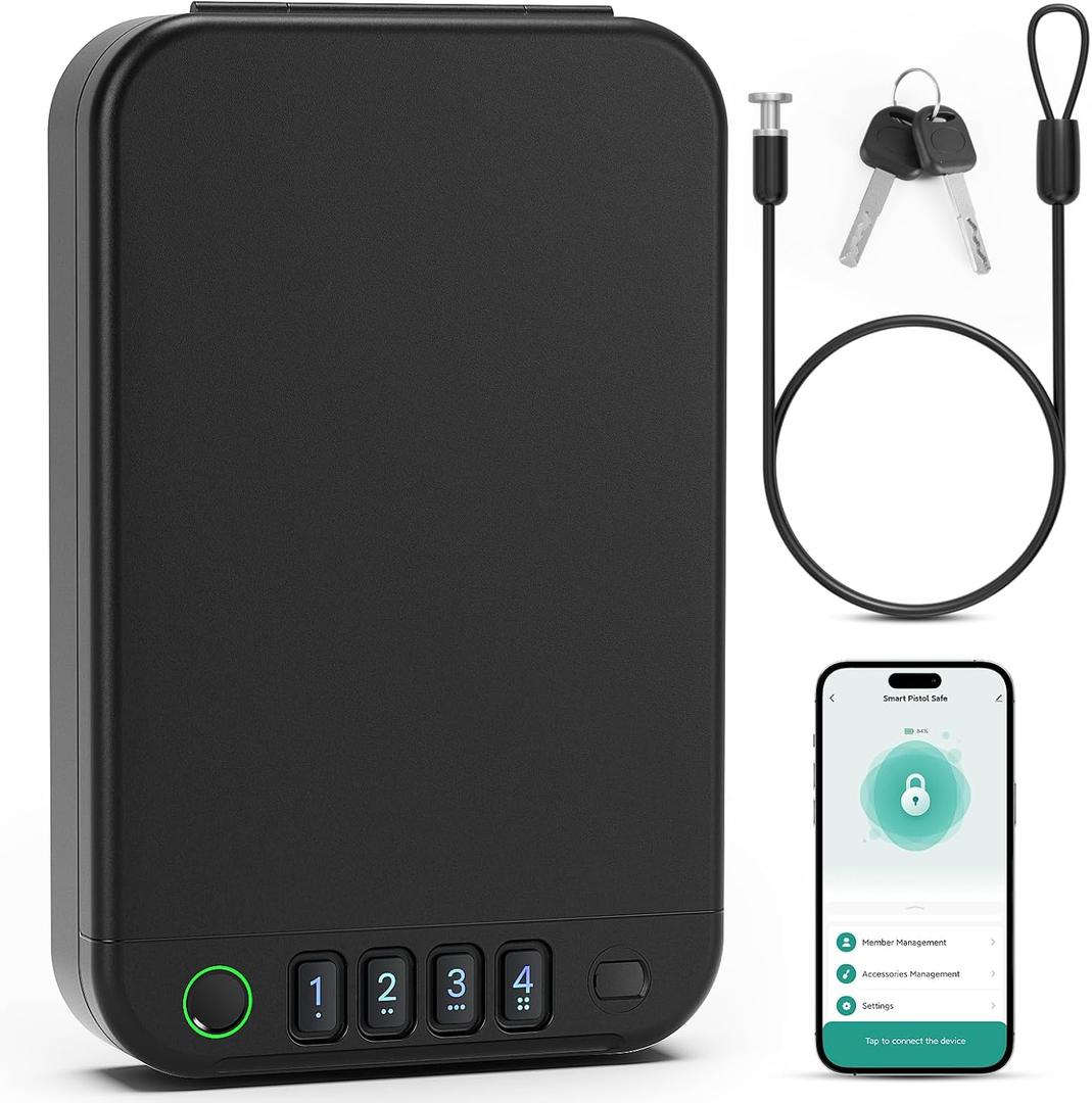 Gun Safe, Biometric gun safes for handgun, Portable Car Pistol Gun Safe Pistol with Keys Keypad and APP Control Hand Gun Lock Box, small safe for Home Bedside Car Wild camping