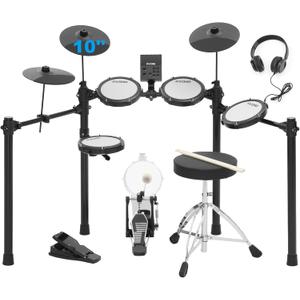 Electric Drum Set with Kick Hammer Pedal, Electronic Drum Kit for Beginner Adult with 150 Sounds, 10" Cymbals, 4 Quiet Mesh Pads, all-in-one drum set with Throne, Headphones, Sticks