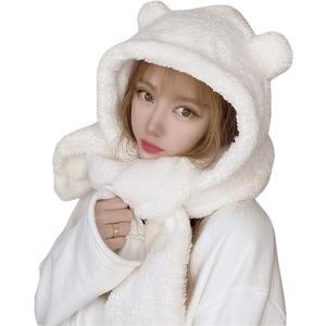 Women Kawaii Bear Ear Beanie Hat Scarf 2 in 1, Cute Winter Warm Sherpa Thicken Fleece Fuzzy Japanese Fluffy Knit Hat (7-7 1/8, White)