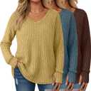 3 Pack Women's Plus Size Sweaters Long Sleeve Shirts Tunic with Thumb Holes Ribbed V Neck Casual Loose Fit Fall Top (XX-Large, Brown, Blue, Yellow)