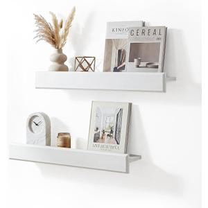 24 Inch Picture Ledge Shelf with Lip,Floating Shelves for Wall, Set of 2 Solid Pine Wood Shelves with Invisible Brackets, Wall Storage for Living Room, Bedroom, Kitchen, Bathroom(White)