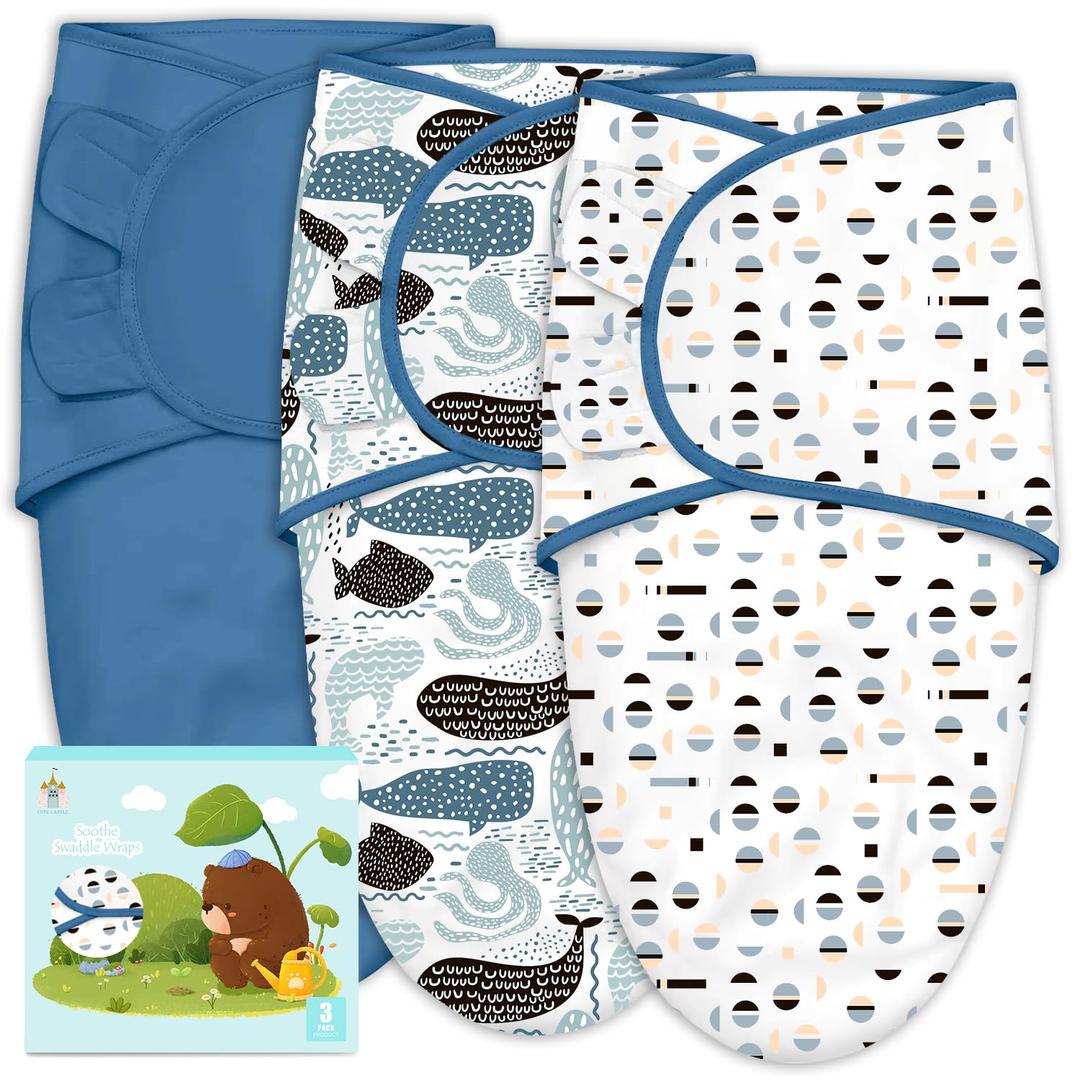 Cute Castle 3-Pack Baby Swaddle Sleep Sacks - Newborn Swaddle Sack - Ergonomic Baby Swaddles Blanket Warp for Boys and Girls - Baby Essentials (0-3 Months - Blue)