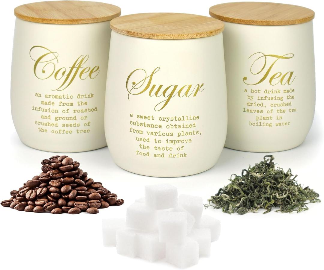 Coffee Tea Sugar Container Set of 3,Farmhouse Storage Containers Jars,Airtight Metal Kitchen Canister Set with Bamboo Lids for Kitchen Counter Dining Room (Metal, 1)