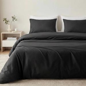 HeimenAogo Egyptian Cotton Duvet Cover King Size Sateen Weave, Silky Soft and Breathable Bedding Set with Zipper Closure, Long Staple Cotton Bed Linen Moonless Night Black 3Pcs