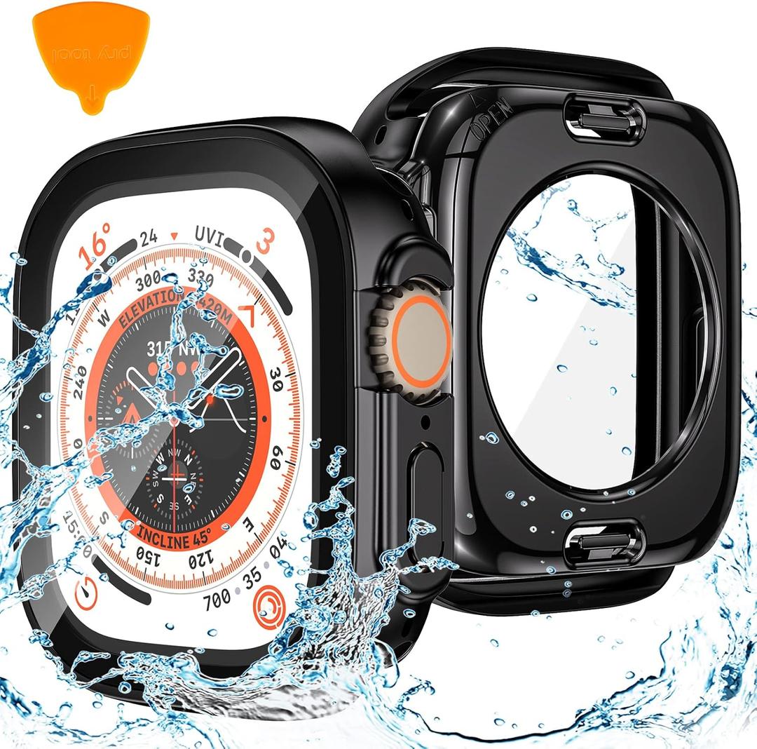 Goton 2 in 1 Waterproof Case for Apple Watch Ultra 3/2/1 Screen Protector 49mm, 360 Protective Glass Face Cover Hard PC Bumper + Back Frame for iWatch Ultra Accessories 49 mm, Clear (Black)