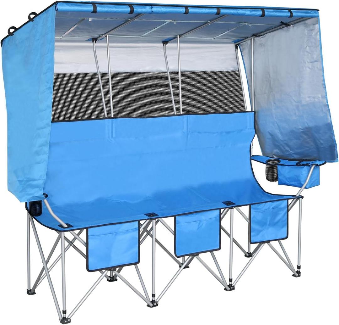 BDL 3 Person Camping Chair with Canopy Shade, Oversized Heavy Duty Camping Chair with Cup Holders & Ice Bag Portable Family Folding Chair for Outdoor, Lawn & Sports,Blue