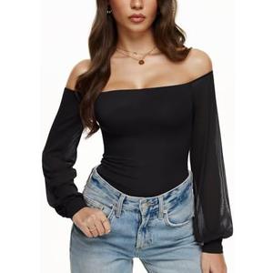 REORIA Womens Off The Shoulder Sheer Mesh Puff Long Sleeve Thong Bodysuit Tops, S
