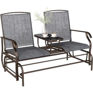 Outsunny Outdoor Glider Bench with Center Table, Metal Frame Patio Loveseat with Breathable Mesh Fabric and Armrests for Backyard Garden Porch, Gray (Grey)