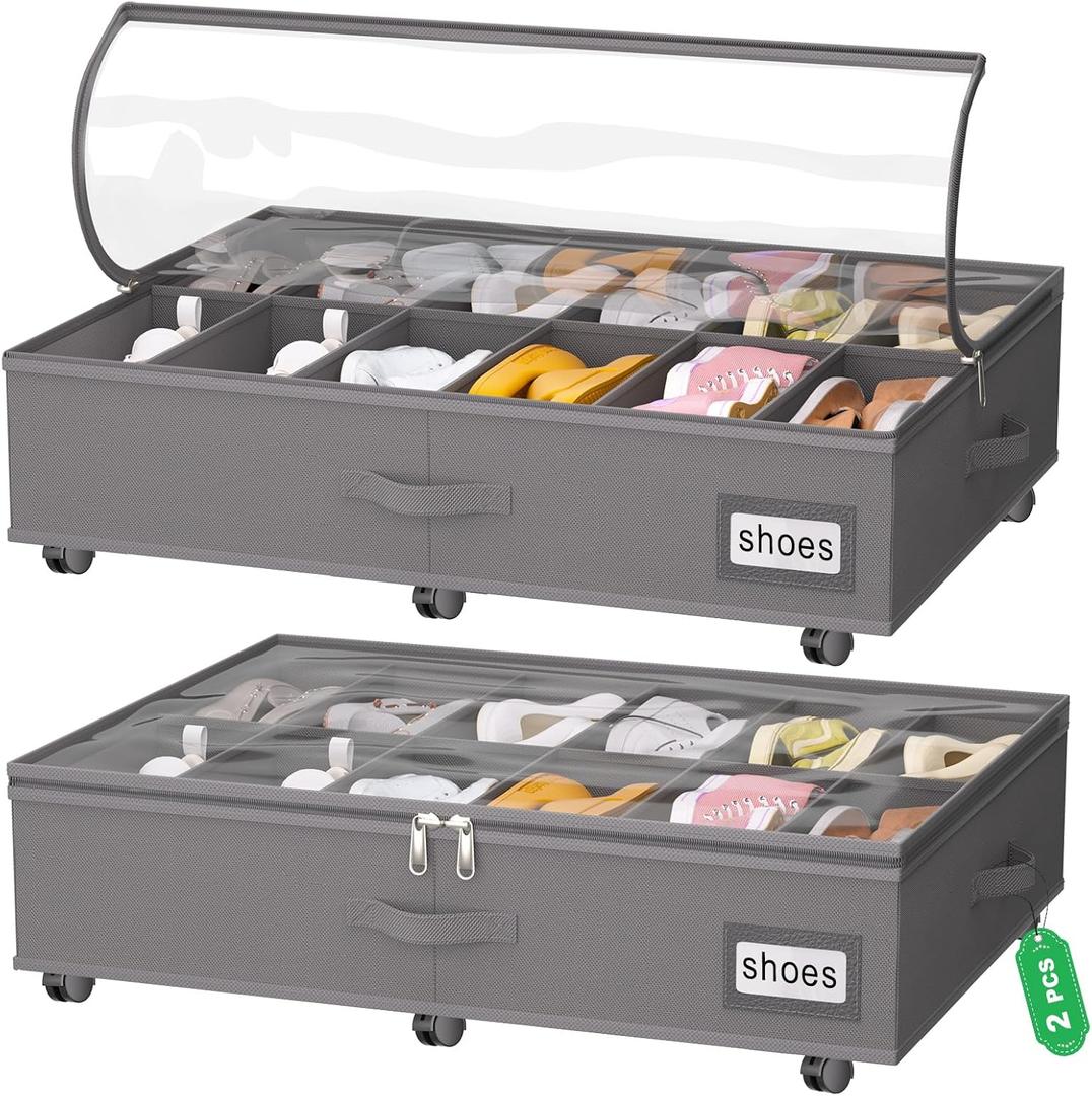 2 x homyfort Under Bed Shoe Storage with Wheels, Fits 24 Pairs, Rolling Shoe Organizer with Bottom Support & Clear Lids, Sturdy Under Bed Storage Box for Shoes, Set of 2, Grey