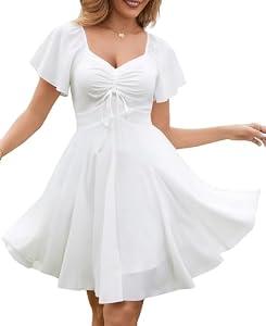 Florboom Women's Mini Dress Sweetheart Neckline Short Sleeve A-Line Smocked Flowy Bridal Shower Wedding Guest Dresses (White, XL)