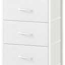 White Nightstand with Charging Station and LED Light for Bedroom, Tall 4 Drawers Dresser with Fabric Bins for Bedside Kids Dorm Room Closet Laundry Entryway, White Leather