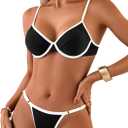 TASHEHE Women's Underwire Thong Bikini Set Push Up Swimsuit Contrast Binding Two Piece Bathing Suit - 616 / Black/ White - Small