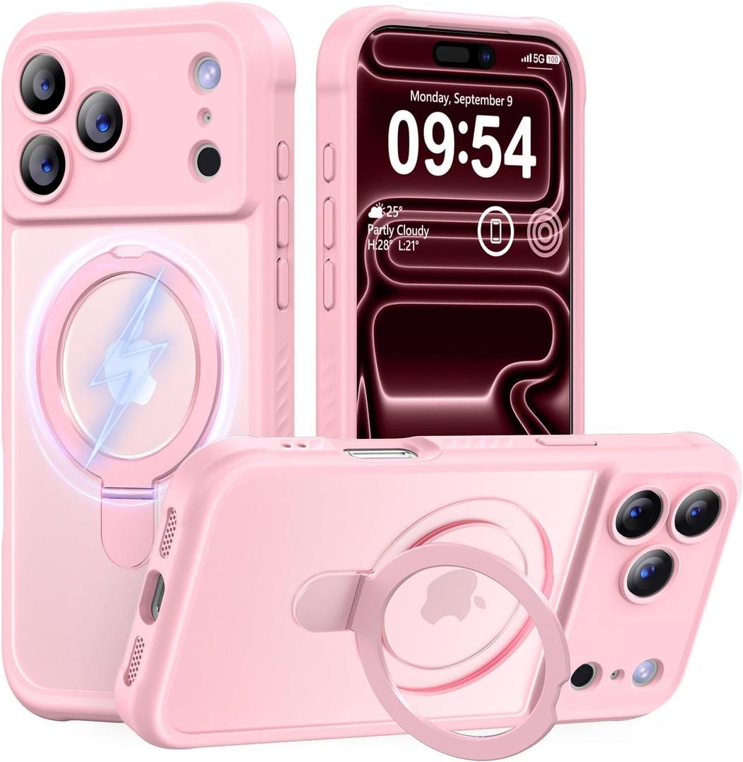 MOCCA Design for iPhone 17 Pro Case, Compatible with Magsafe [Premium Invisible Magnetic Ring Stand] [Military Drop Protection] Full Camera Guard Translucent Matte Slim Phone Cover 6.3",Pink